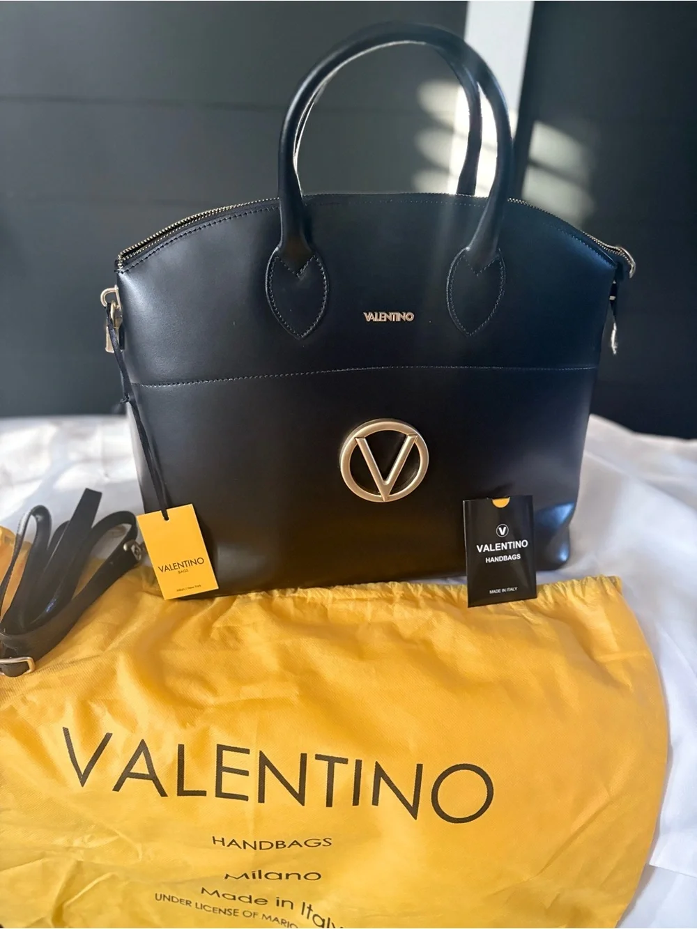 Valentino Black Leather Satchel with Gold Hardware